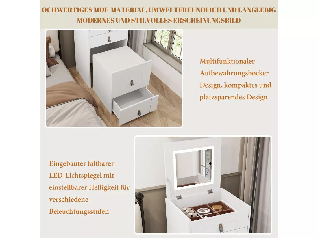 Coiffeuse avec 3 tiroirs, plateau pliable et 1 tabouret - 50 x 40 x 115.6 cm - miroir lumineux LED intégré - Bois MDF - Blanc