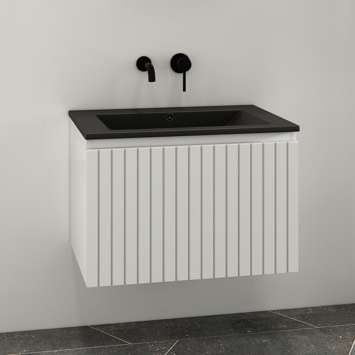 Fontana Lento wit badkamermeubel ribbelfront met zwarte wastafel 60cm zonder kraangat