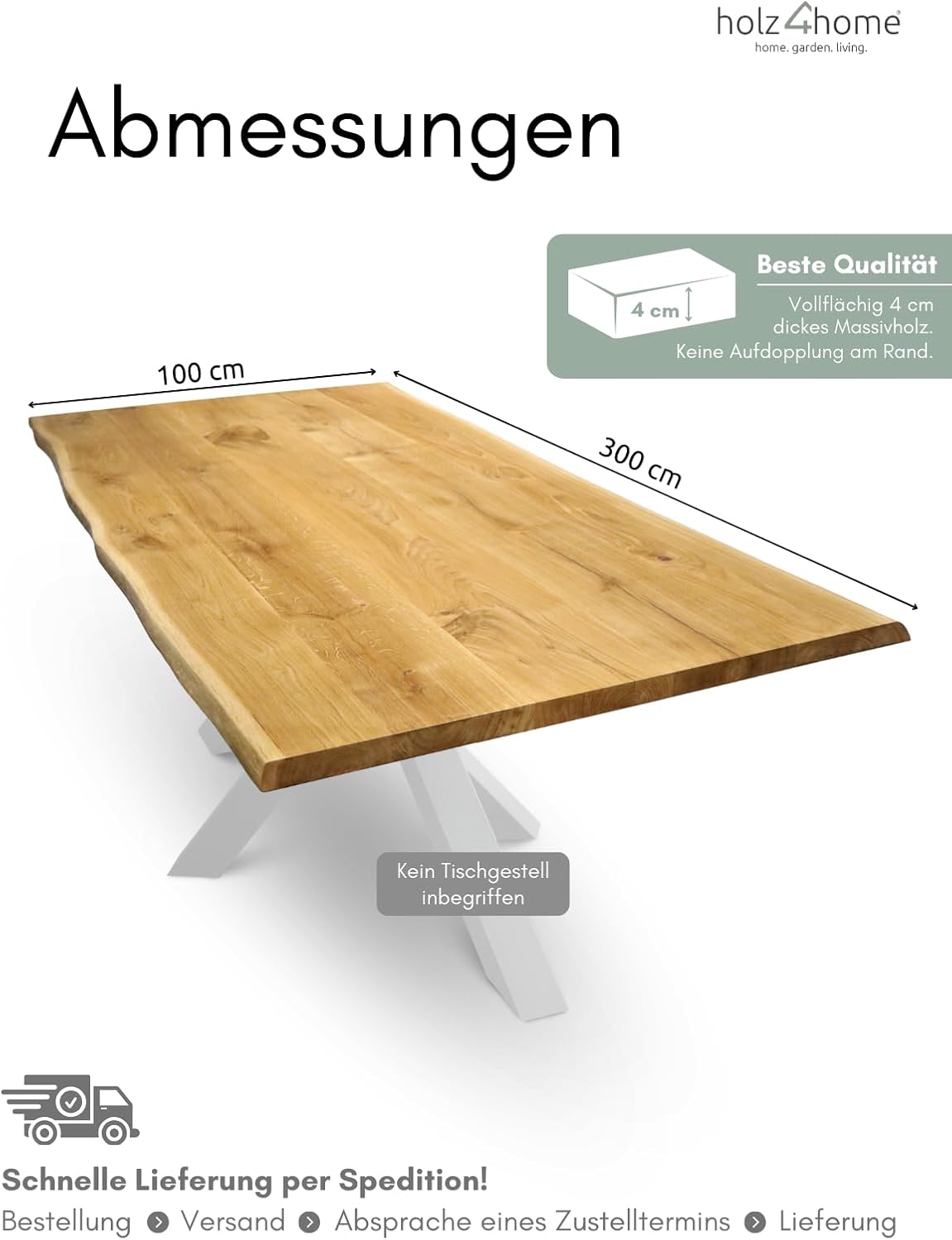 holz4home® Tischplatte mit Baumkante Massivholz Eiche I 300 x 100 x 4 cm LxBxH I Esstisch-Platte Schreibtischplatte I Echtholz