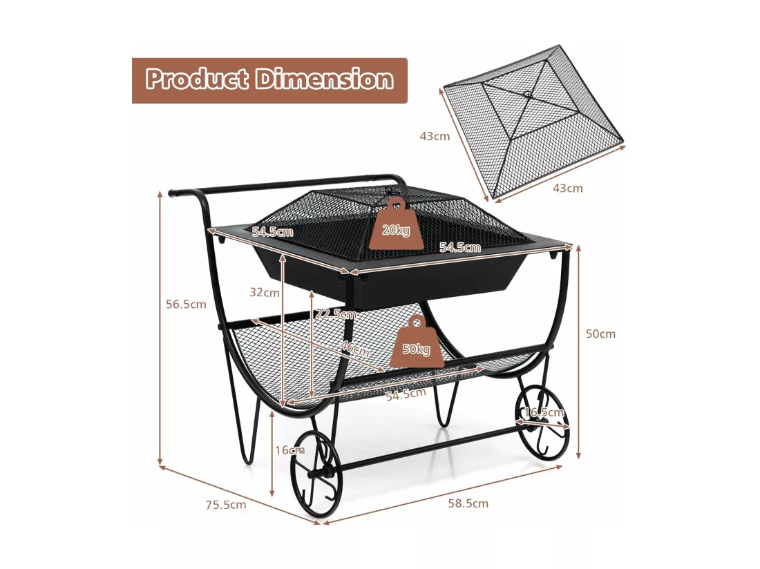 Brasero Exterieur pour Jardin, 75,5 x 58,5 x 56,5 cm, Terrasse Feu avec Support de Rangement Charge 50KG, 2 Roues Pratique Noir