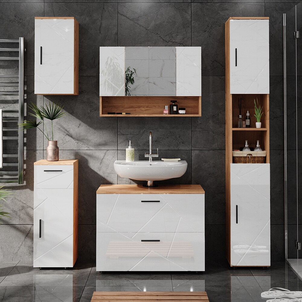 Vicco Midischrank Badschrank Badezimmermöbel Irma Eiche Weiß Hochglanz modern 30x81 cm Badezimmer Schrank Badkommode Badmöbel Schrankschublade Schranktür