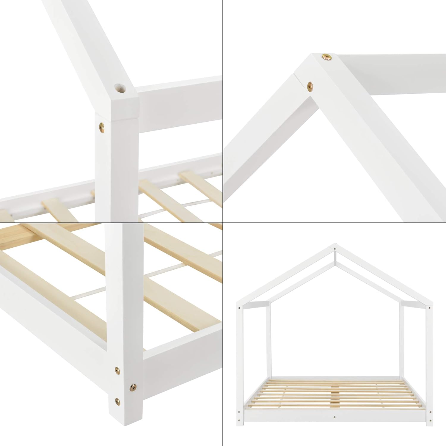 [en.casa] Kinderbett Cerro Hausbett Jugendbett Bettenhaus mit Lattenrost Montessori Bett aus massiver Kiefer Bettgestell 140x200cm Weiß