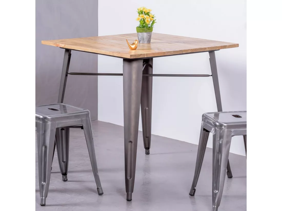 Table industrielle en acier vieilli et bois clair - Bistro - Antique