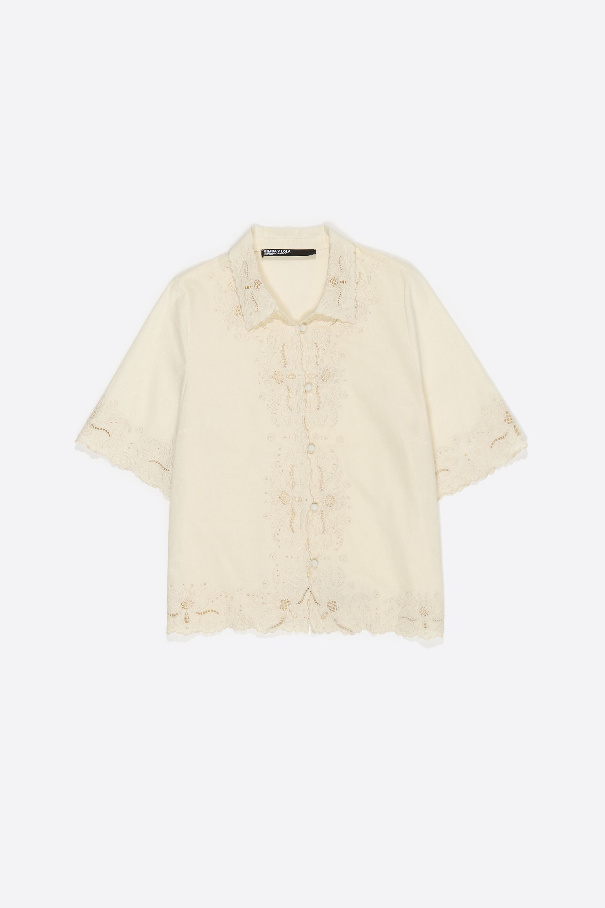 Camisa bordada em linho e algodão bege