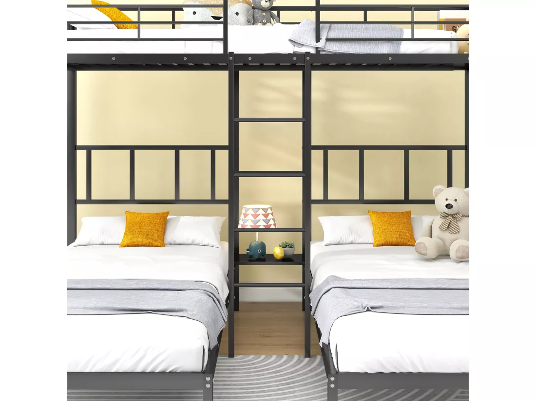 Trois lits, lits superposés avec échelle pour enfants et adolescents, lit en fer avec dispositif anti - chute et table, Noir (90x200cm * 3)