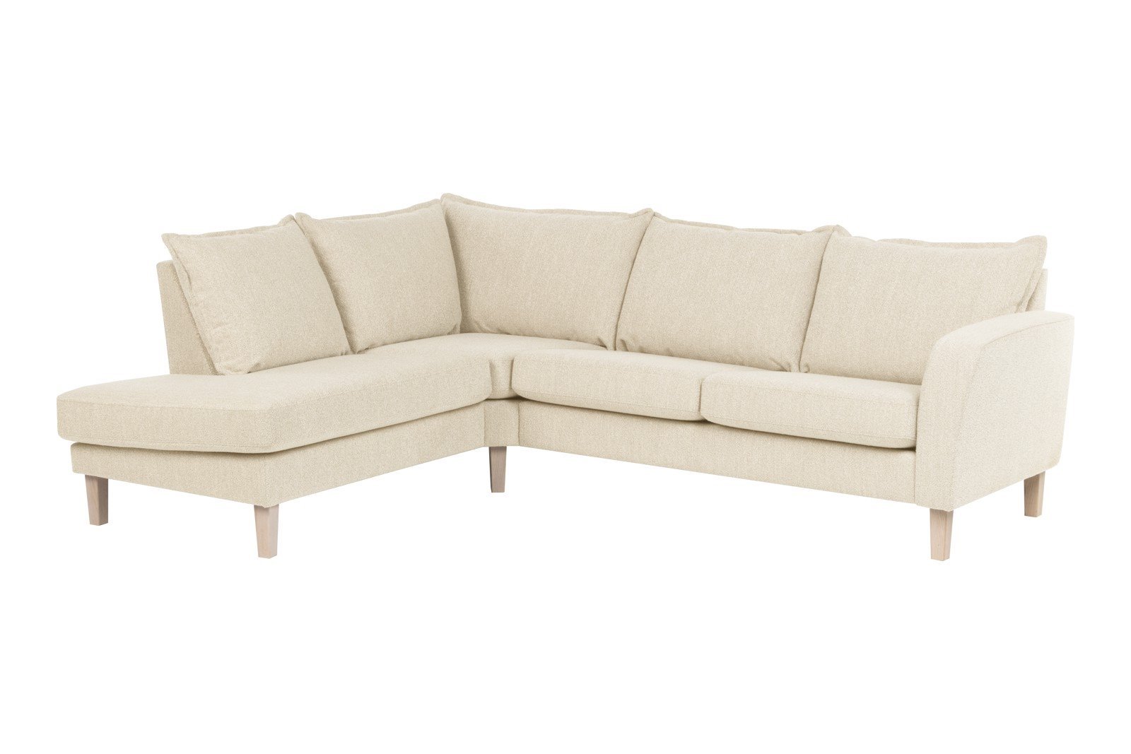 Slogen hjørnesofa Oppsett AV. 2,5-seter med åpen ende venstre. Tekstil Viva Marble med soft ryggpute. Vange A og hvitpigmentert ben 178.