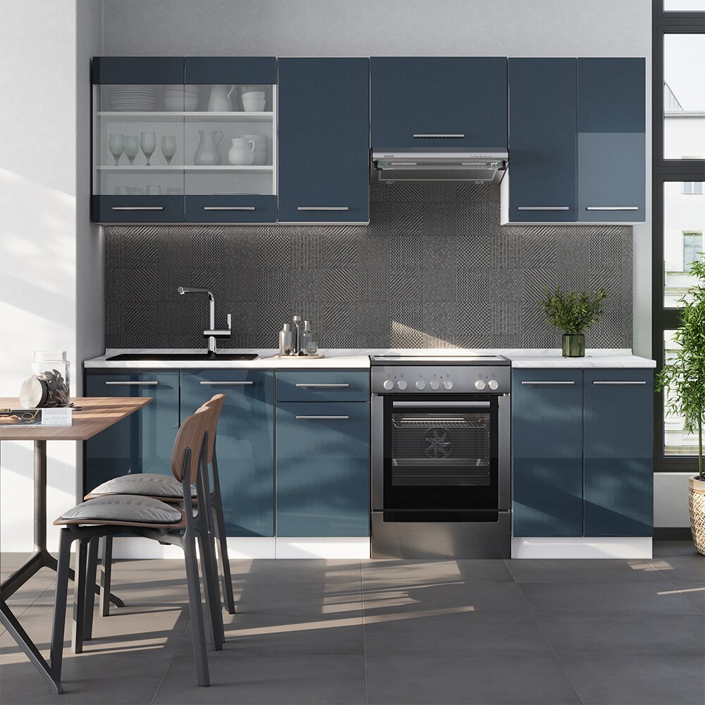 Vicco Küchenzeile Fame-Line Weiß Dunkelblau Hochglanz 240 cm ohne Arbeitsplatte