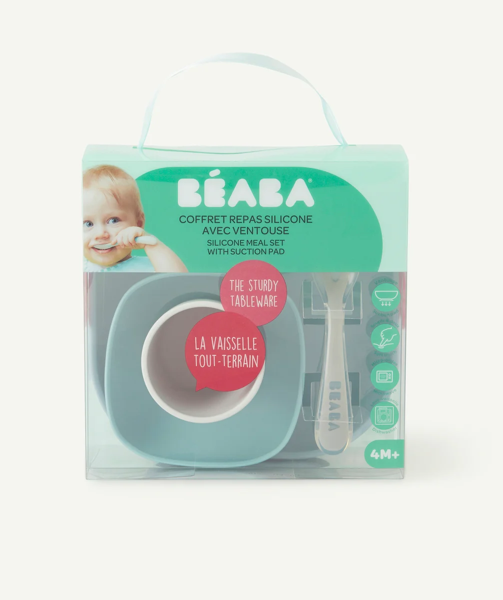 BEABACOFFRET REPAS EN SILICONE AVEC VENTOUSE BLEU 4M+