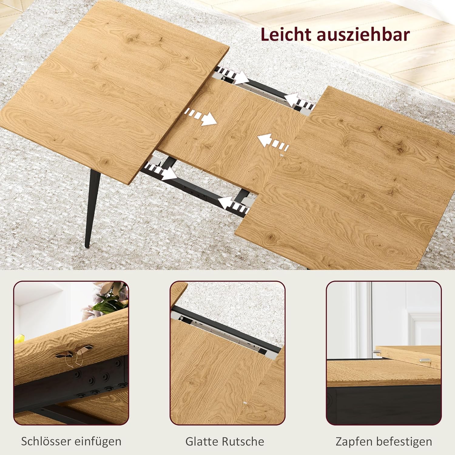 HOMCOM Esstisch ausziehbar rechteckig Küchentisch für 6-8 Personen mit Holzoptik, Schiebeschienen und Verriegelungen Esszimmertisch, Naturholz, 120-160 cm