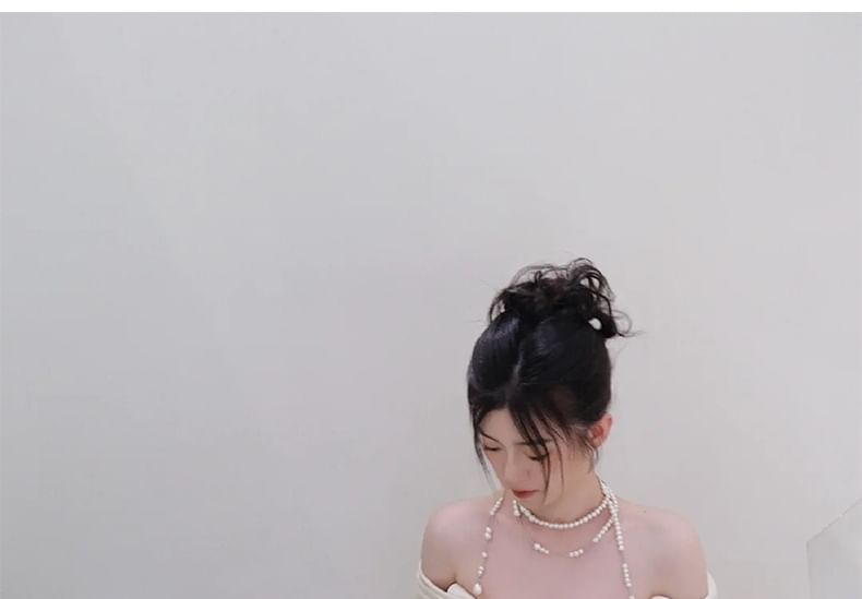 Fioridi - Off Shoulder Effen Geplooide Satijnen A-lijn Trouwjurk