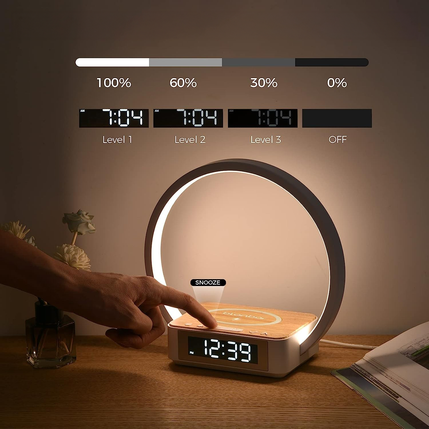 (10W) 3in1 Qi Wireless Charger Induktionsladegerät Ladestation mit LED Ringlicht   Wecker - Weiss