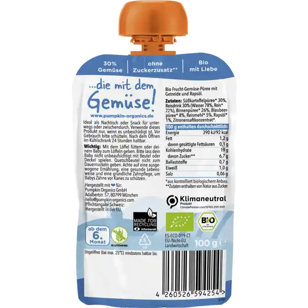 Bio Quetschie mit Süßkartoffel, Reis, Birne & Blaubeere