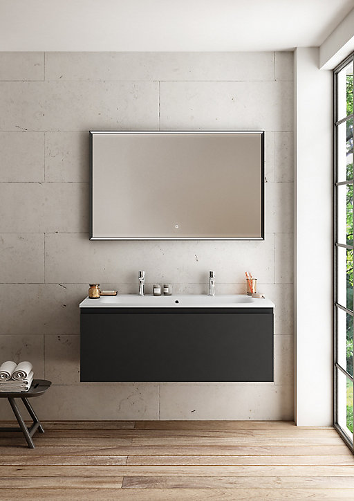 Meuble sous vasque à suspendre Pura noir 120 cm + plan vasque en résine blanc mat