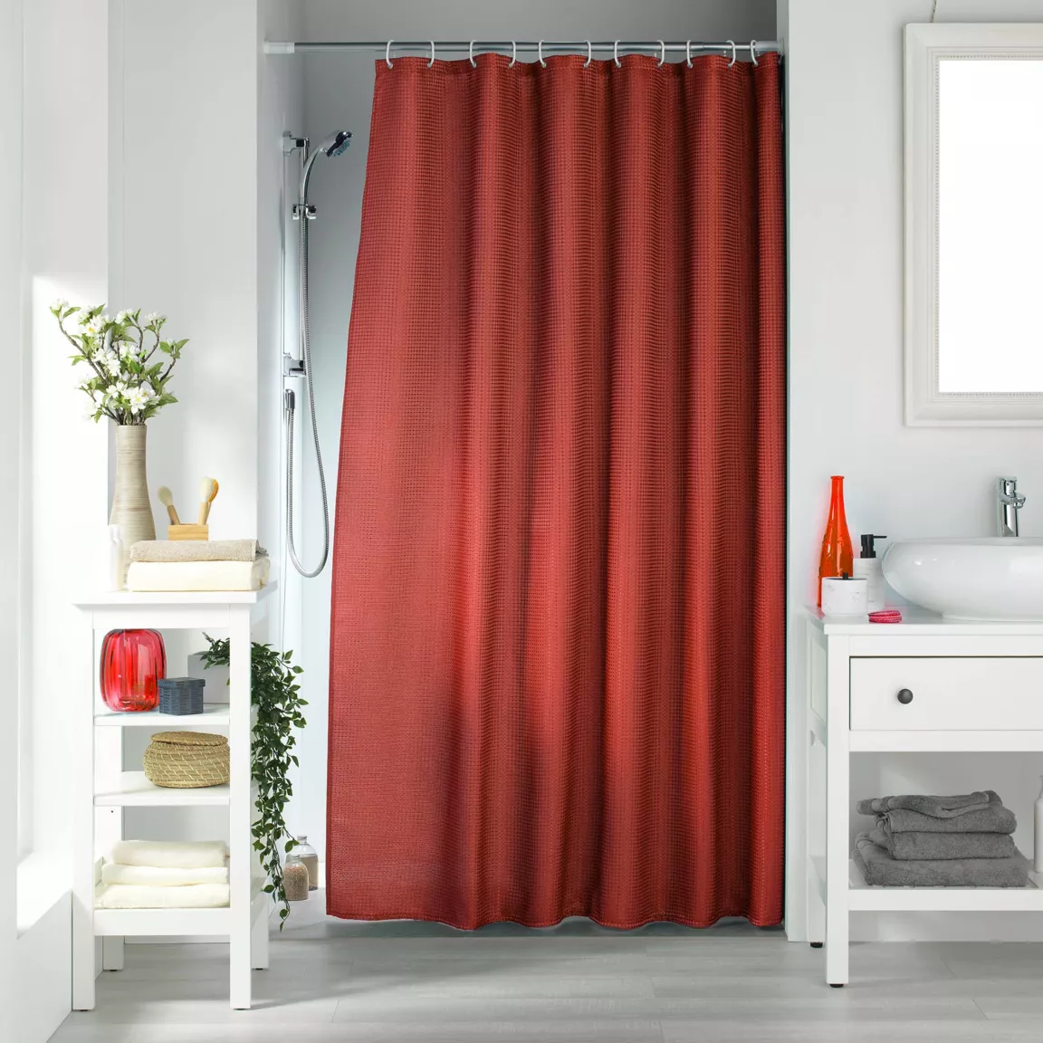 Rideau de douche effet tissé à anneaux (180 x 200 cm) Quartz Terracotta