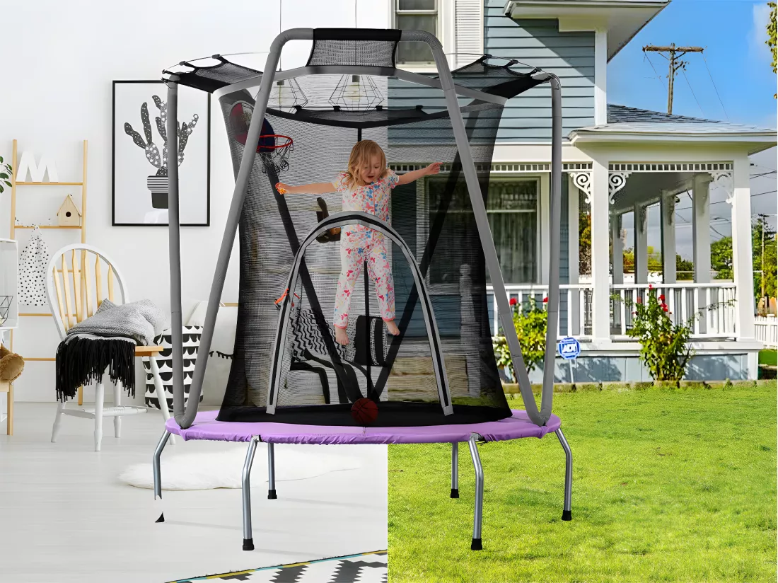 Trampoline avec panier de basket - à l'intérieur et l'extérieur - structure en acier galvanisé - Violet