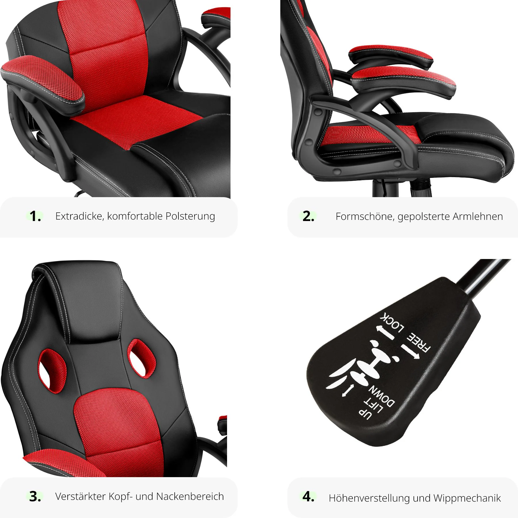 tectake® Bürostuhl, ergonomische Form, Kunstlederbezug mit Mesh-Gewebe, stufenlos höhenverstellbar