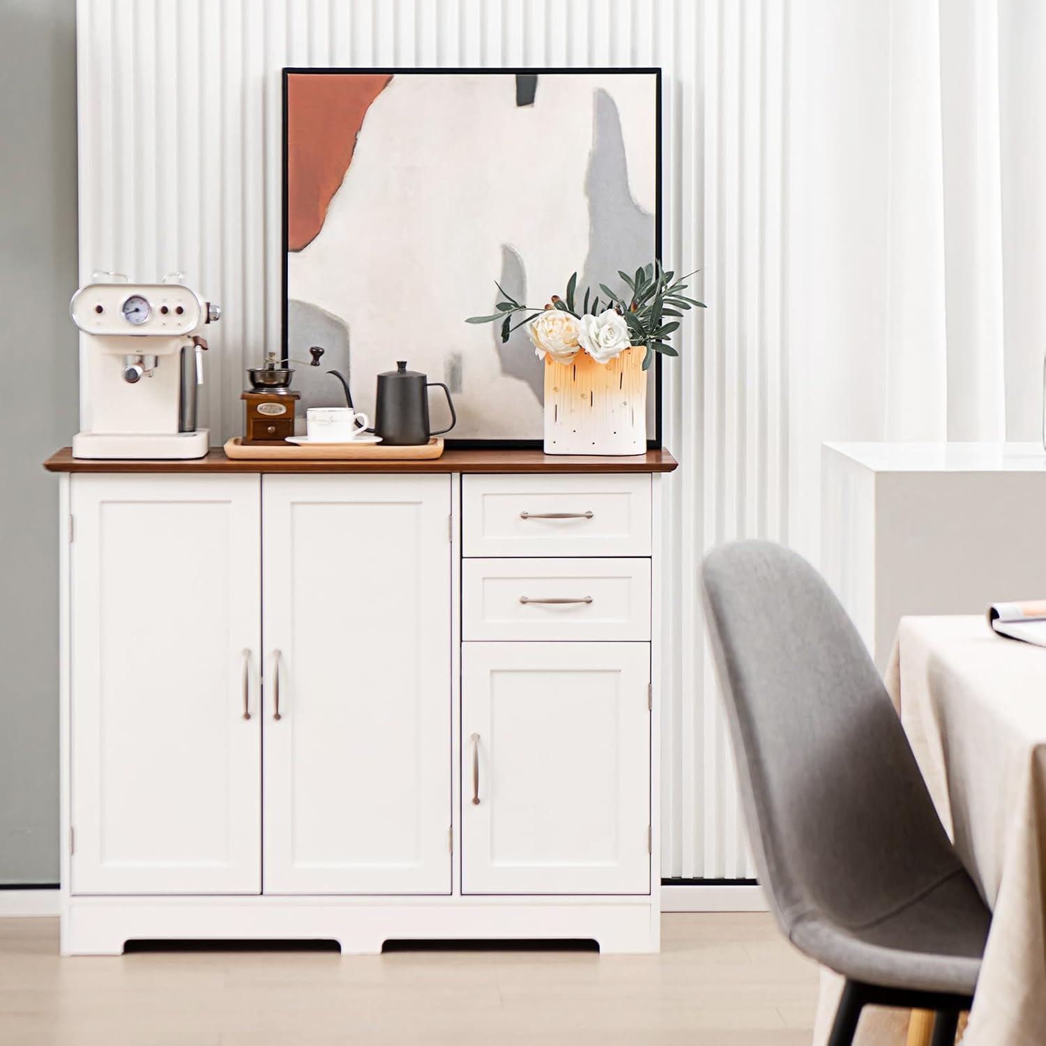 COSTWAY Sideboard weiß, Küchenschrank mit Arbeitsplatte 100 x 40cm, Buffetschrank mit Türen & Schubladen & verstellbaren Ablagen, Kücheninsel für Küche, Esszimmer (Weiß)