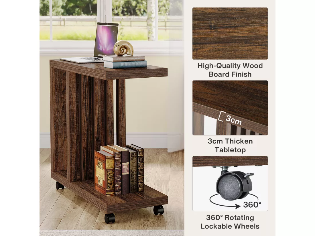 Table d'appoint en Forme de C, Table d'appoint Rustique en Bois avec roulettes verrouillables, Couleur Marron
