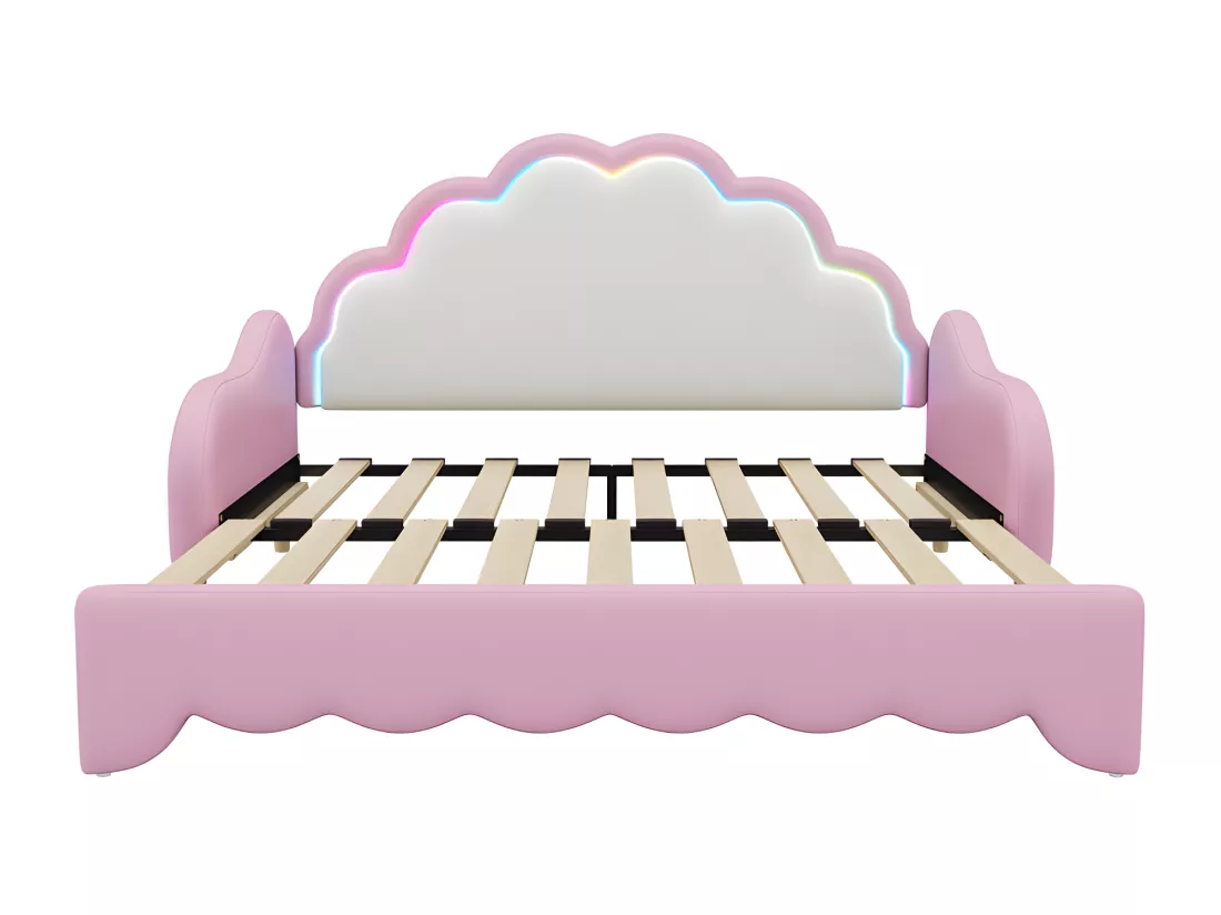 Lit enfant tirable en similicuir - 140x200cm - avec LED et télécommande - Rose (équipé d'un matelas)