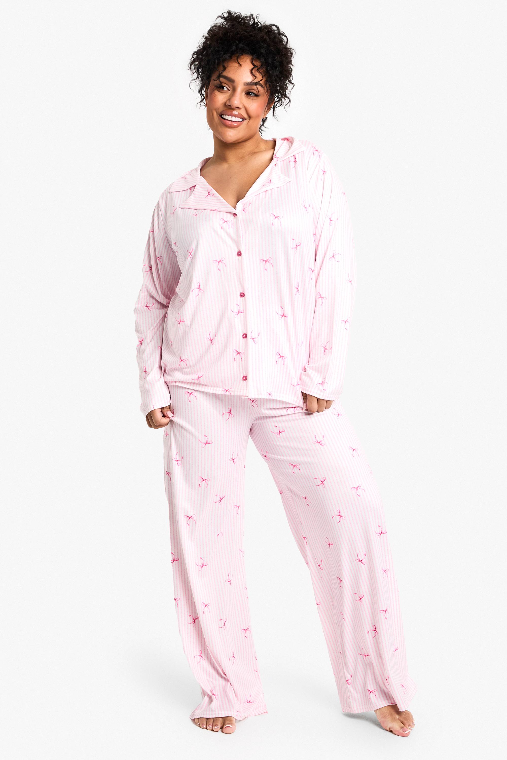 boohoo Plus Ensemble Pyjama Taille Plus à Imprimé Rayé et Nœud, Manches Longues & Pantalon