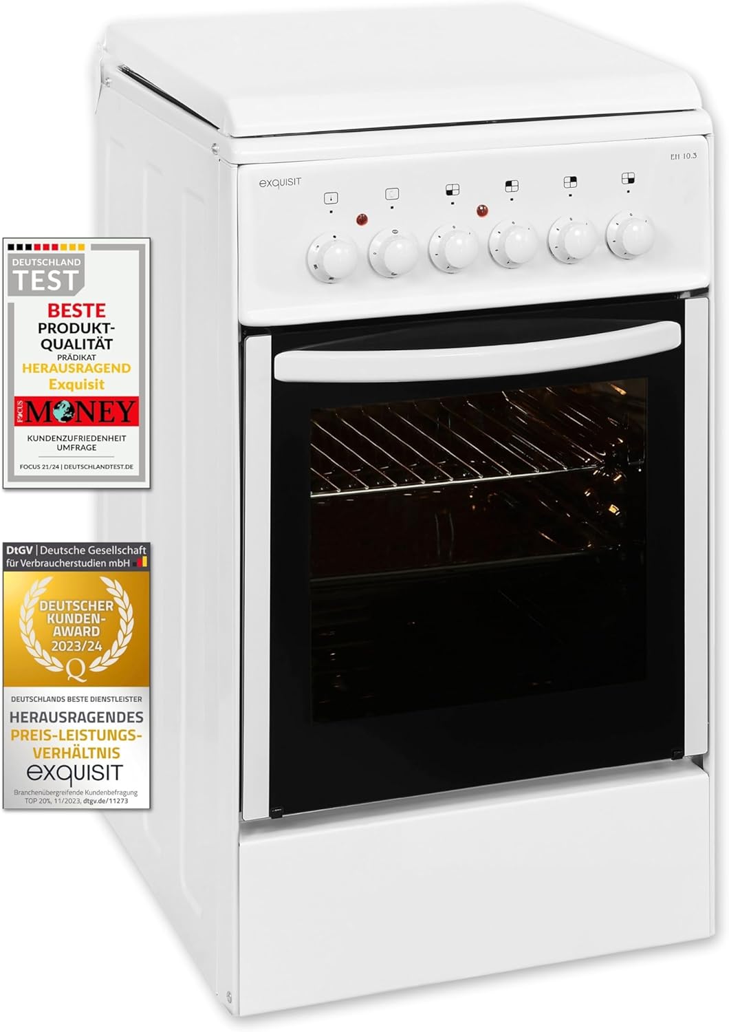 Exquisit Standherd EH 10.3 F2 | Elektro-Standherd | 50 cm | Masse-Kochfeld | 50 L Garraum | Inkl. Deckel | Weiß