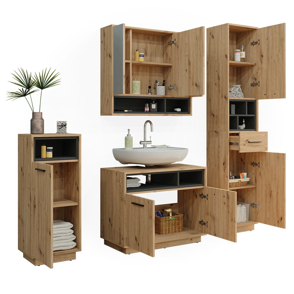 Vicco Badmöbel-Set Badezimmer-Möbel Bad-Schrank Beatrice Eiche Anthrazit modern Badezimmerschrank Waschtischunterschrank Spiegelschrank Midischrank Hochschrank Schranktür Schrankfach