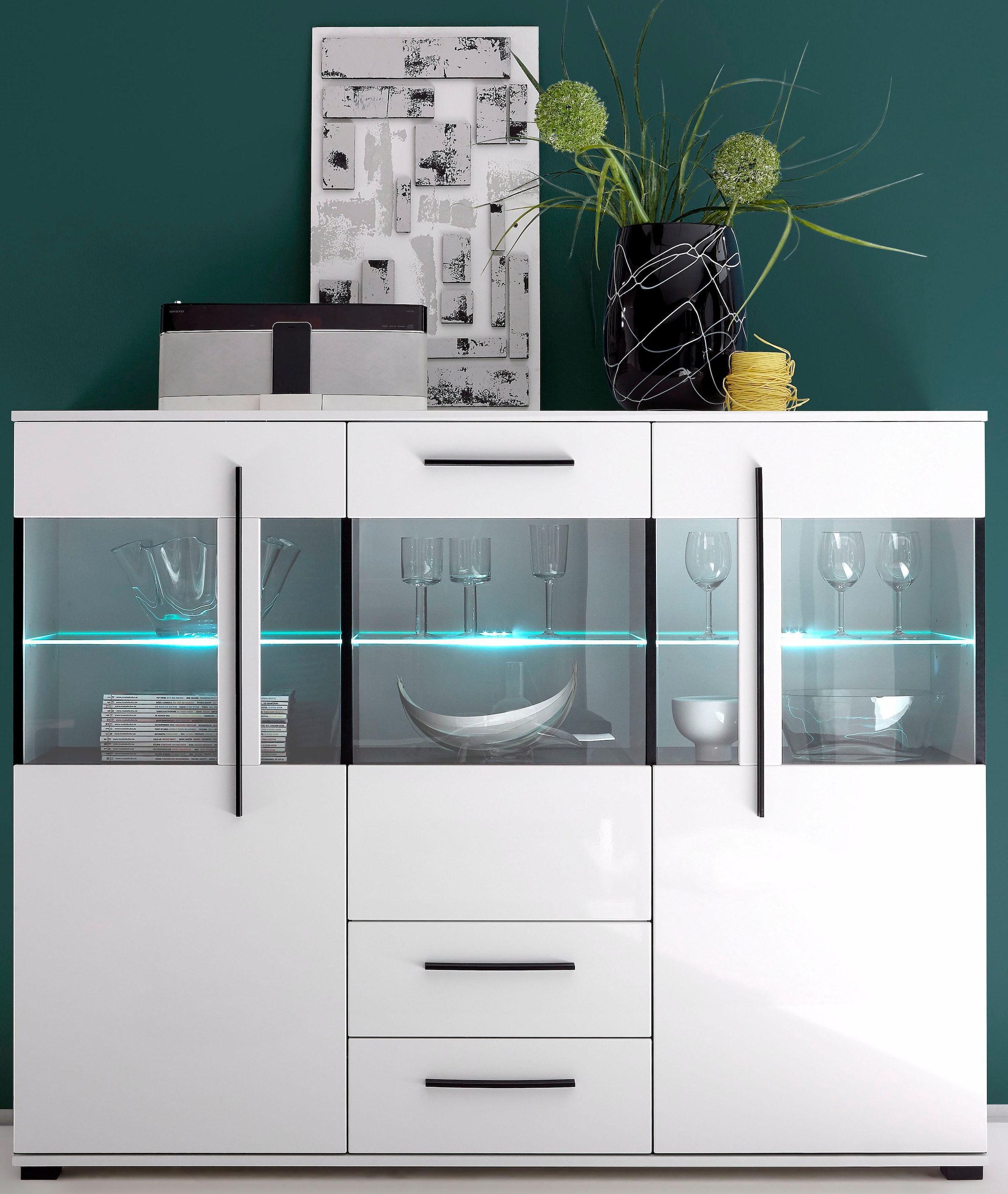 INOSIGN Highboard »Cantara, moderner Schrank, Vitrine in Eiche Dekor oder weiss« schwarze Stangengriffe, ausreichend Stauraum, vielseitig einsetzbar