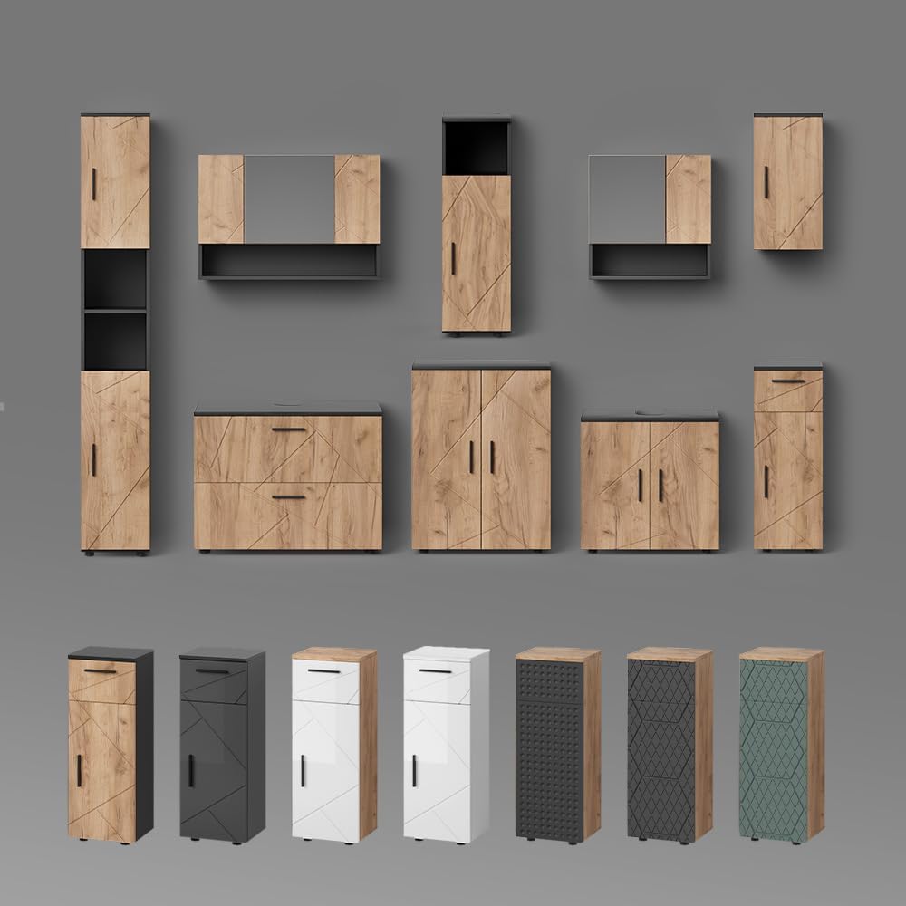 Livinity Badmöbel-Set Ronco, Anthrazit gepunktet, 3 Teile, mit Spiegelschrank 80 cm