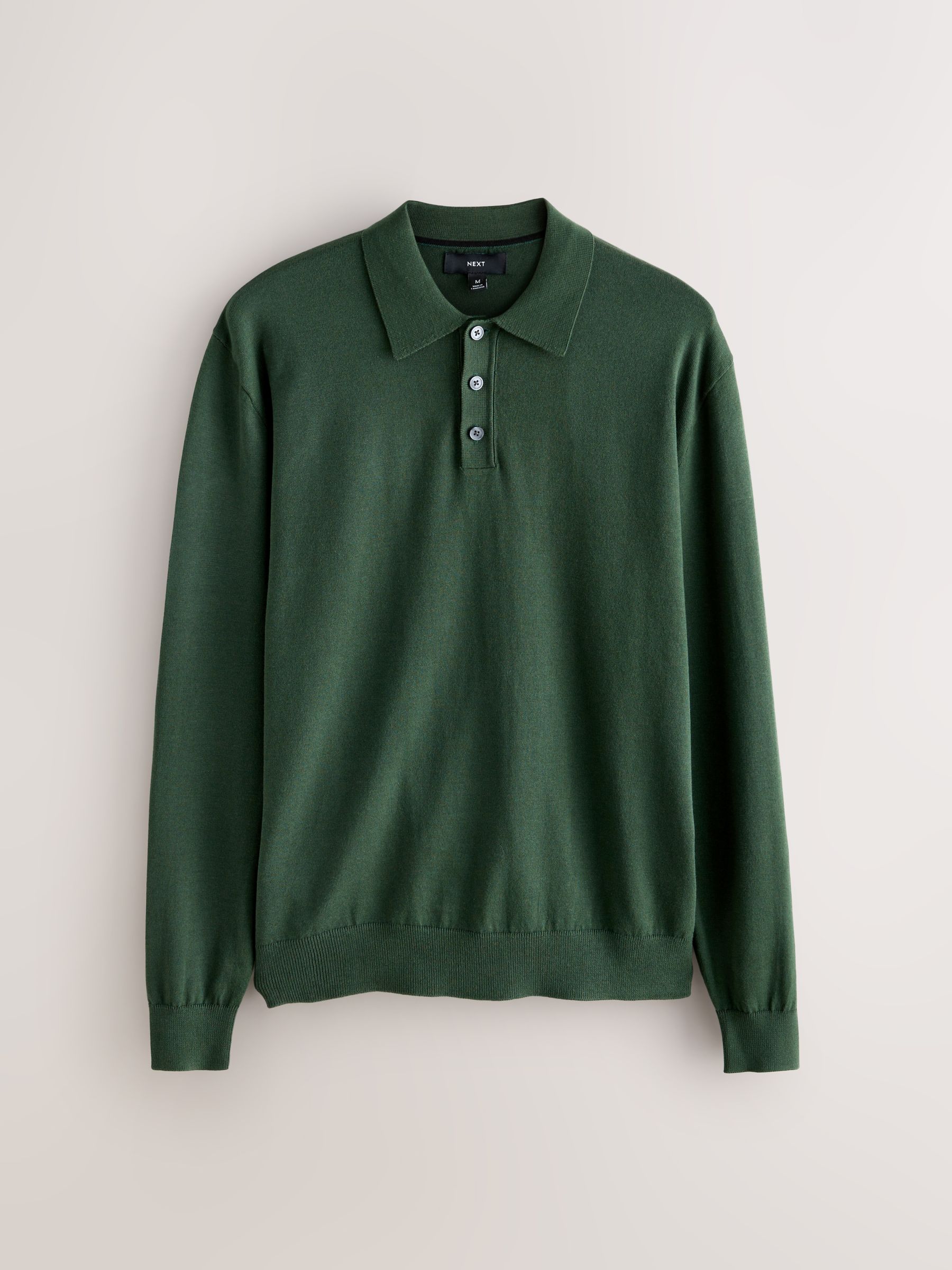 Donkergroen - Normale Pasvorm - Katoenrijk gebreid poloshirt met lange mouwen