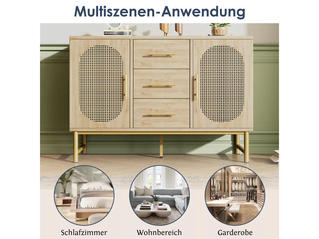 Buffet avec 3 tiroirs et 2 portes en rotin - 120 x 40 x 74 cm - Etagères réglables - Panneau de particules - Chêne