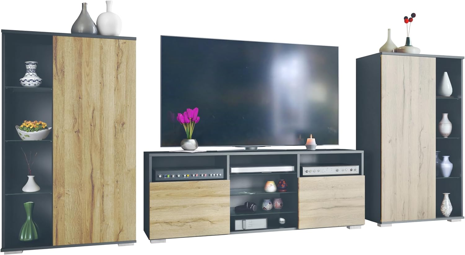 Vladon Wohnwand Davos, Anbauwand bestehend aus 2 Vitrinen und 1 TV-Board, Anthrazit matt/Eiche Natur (329 x 134 x 35 cm)
