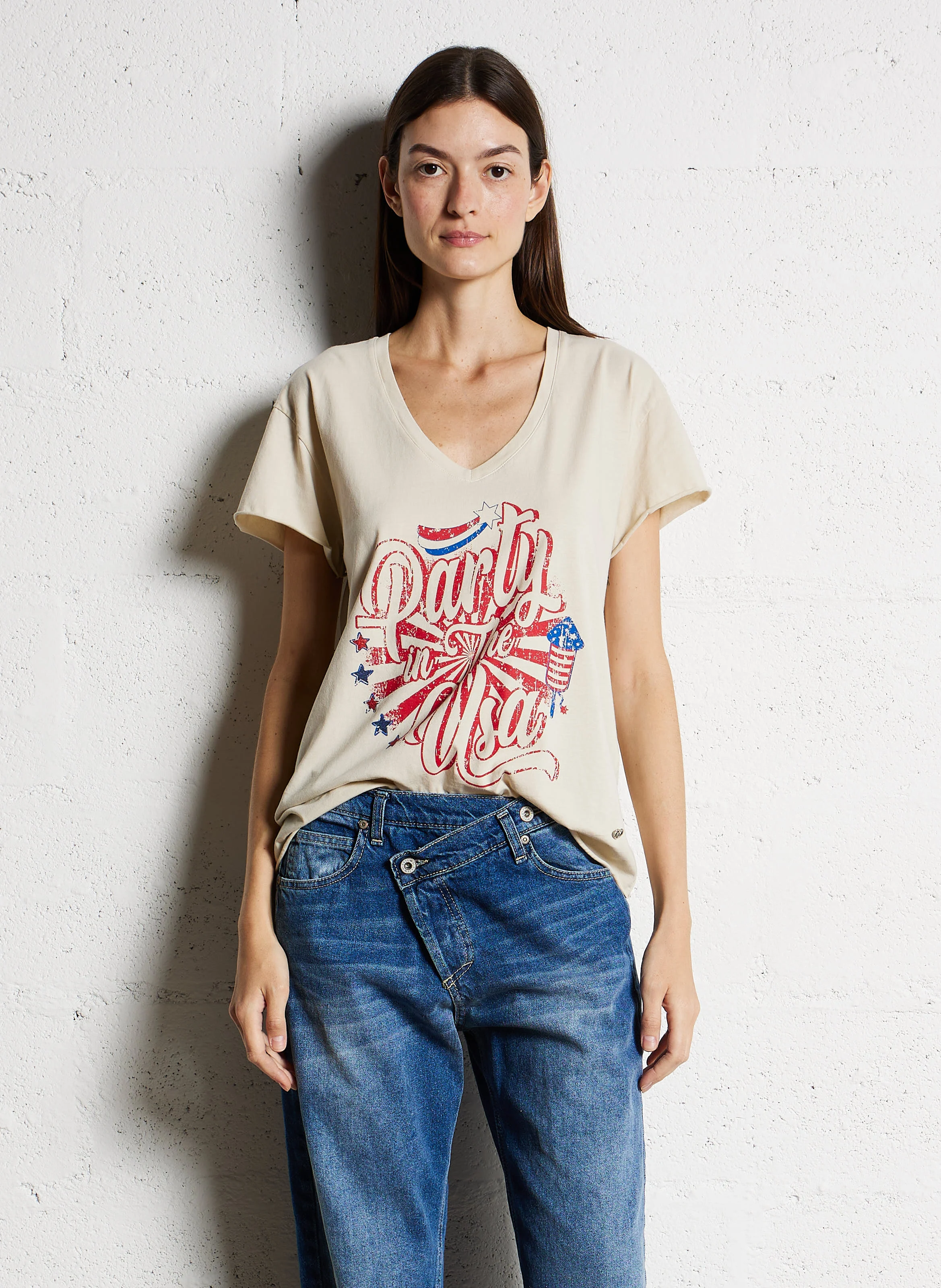 Tee-shirt col V droit en coton sérigraphié | Beige