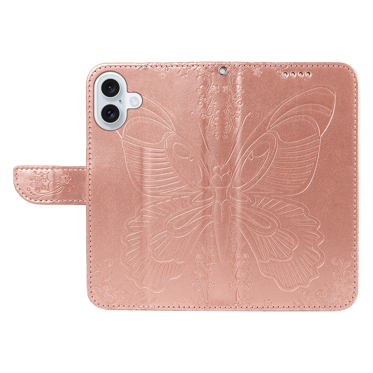 iPhone 17 Leder Tasche Flip Cover Schmetterlinge Imprint - Roségold