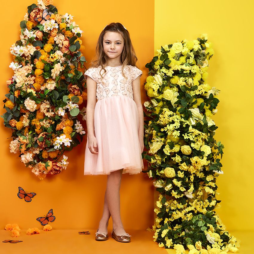 Robe de cérémonie en tulle avec papillons en sequins pour fille - Rose