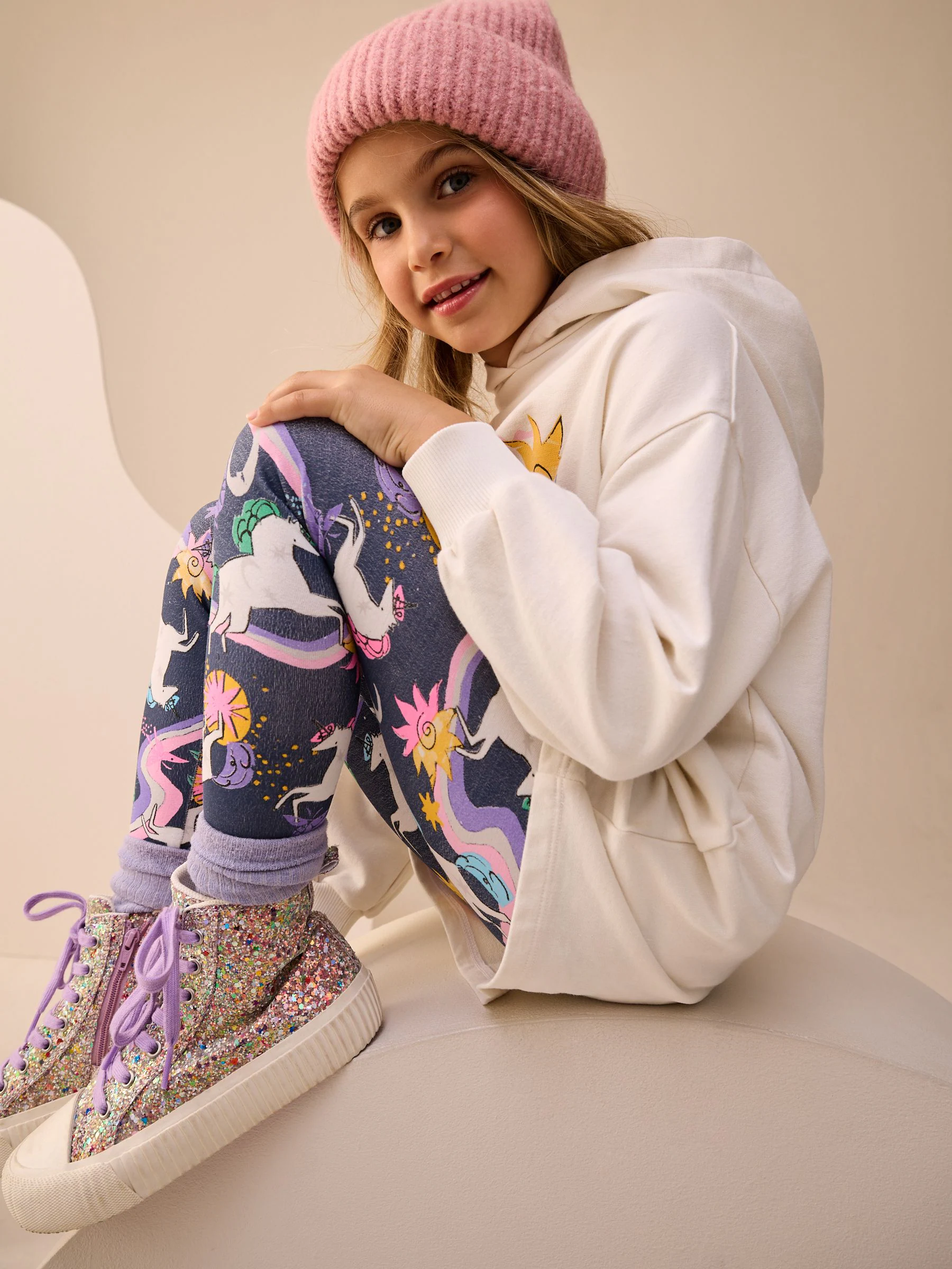 Ecru/marineblauw met eenhoorn - Set van hoodie en legging met grafische print (3-16jr)