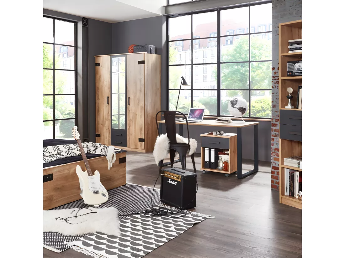 Armoire 2 portes décor chêne 1 porte miroir et 2 tiroirs - H198 cm