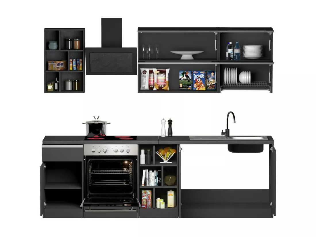 Cuisine complète Dcastill, Ensemble avec garde-manger, Meuble de kitchenette, Kit bloc linéaire, 100% Made in Italy, 255x60h85 cm, Anthracite et Ardoise