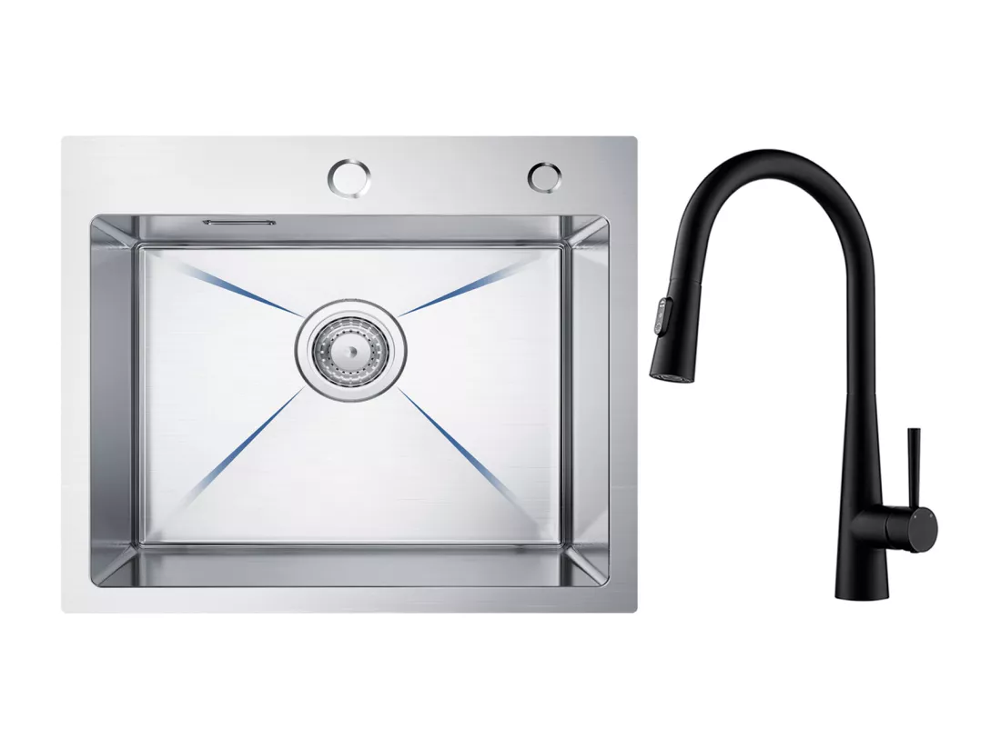 Cecipa max Évier Inox Évier Cuisine 1 Bac 50 × 45 cm Évier de Cuisine Brossé + Mitigeur avec Douchette Extractible, 3 Modes de Sortie D'eau, Noir