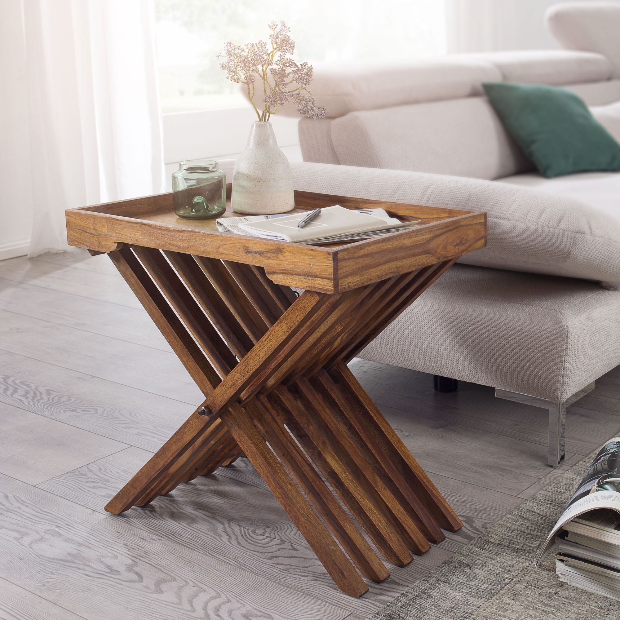 KADIMA DESIGN Massiver Sheesham-Holz Klapptisch, vielseitig einsetzbar, 60x57 cm, abnehmbares Tablett, ideal als Serviertablett