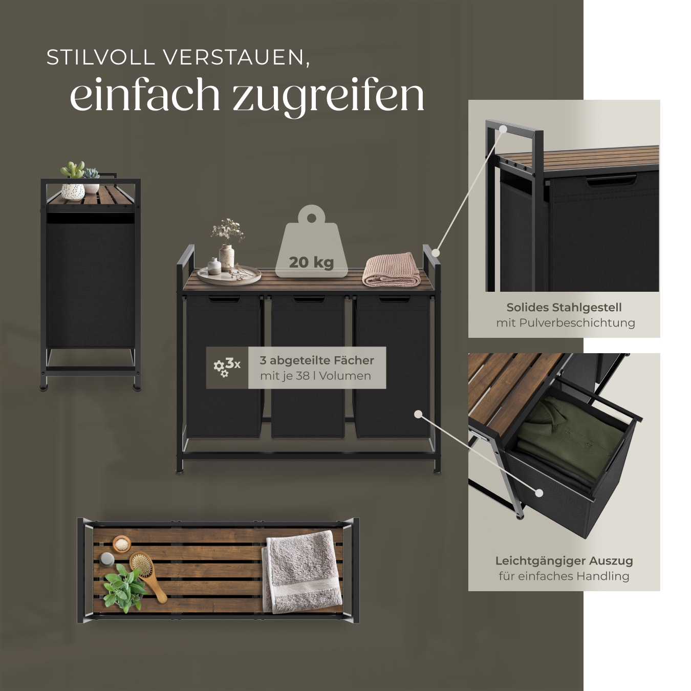 tectake® Wäschesortierer, Industrial-Style, 2 oder 3 ausziehbare Fächer, mit Ablage, höhenverstellbare Kunststofffüße