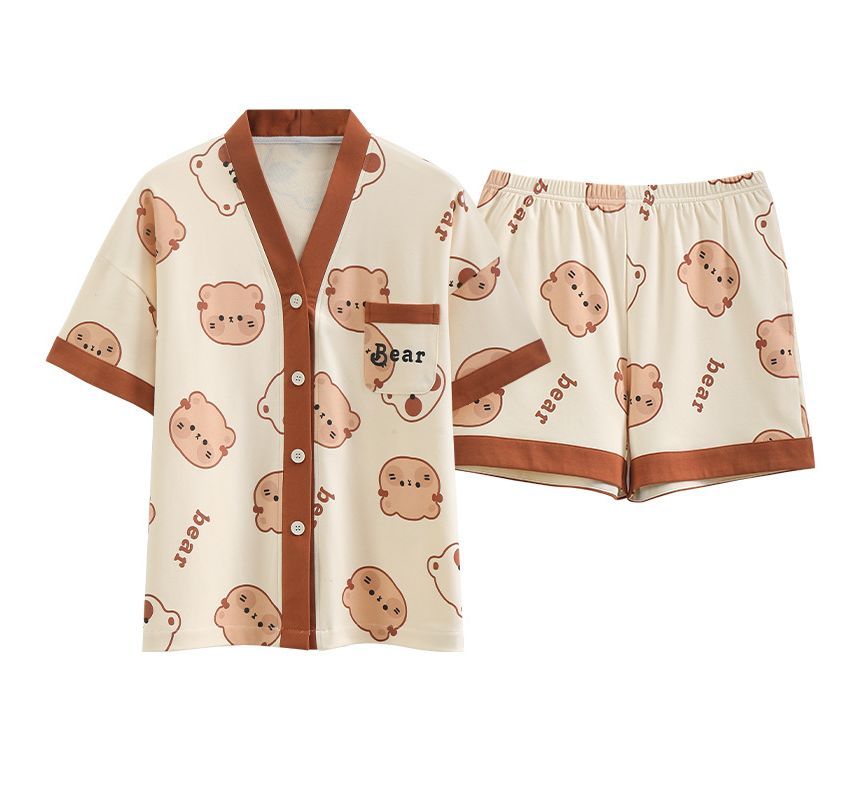 Featherbright - Pyjamaset met korte mouwen en V-hals en print