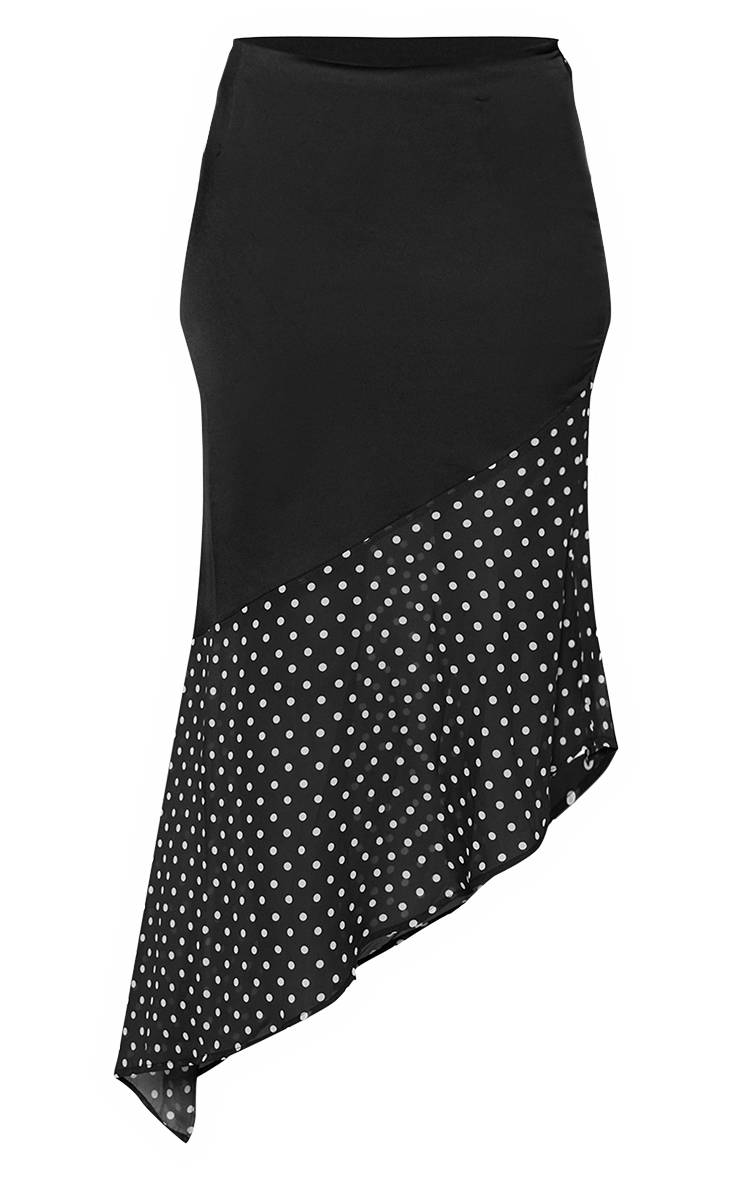 Noir Jupe Mi-longue Asymétrique En Satin À Pois Avec Panneau