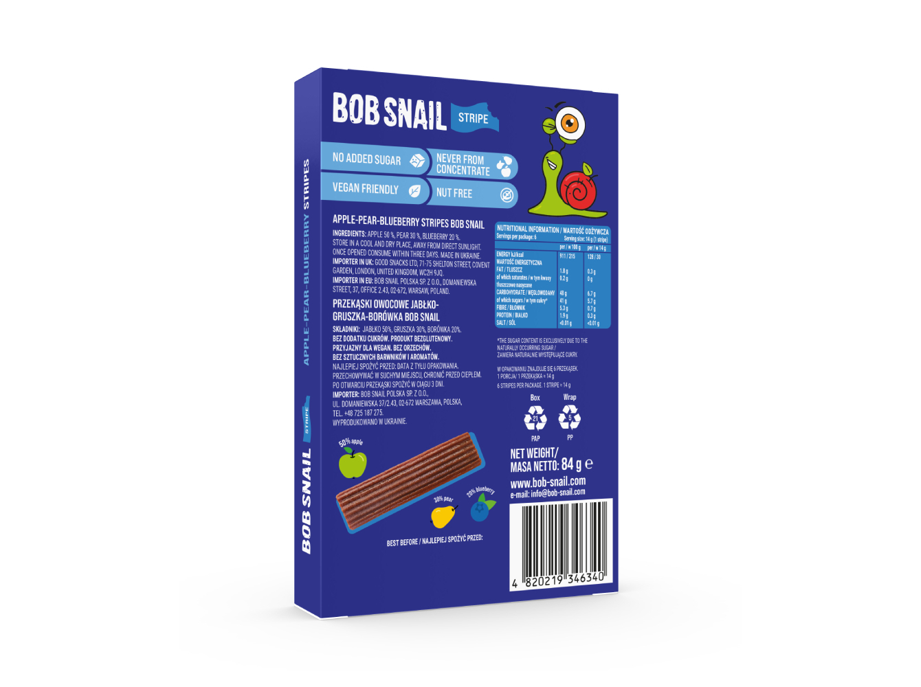 TIRAS DE FRUTA BOB SNAIL MAÇÃ PERA E MIRTILO 84 G