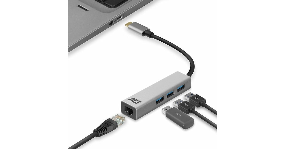 ACT Connectivity3-Poorts USB-C 3.2 (USB 3.0) Hub met Gigabit ethernet poort usb-hub  (Grijs)