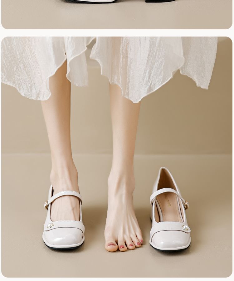 Aegina - Mary Jane pumps met vierkante neus, imitatieparels en blokhak