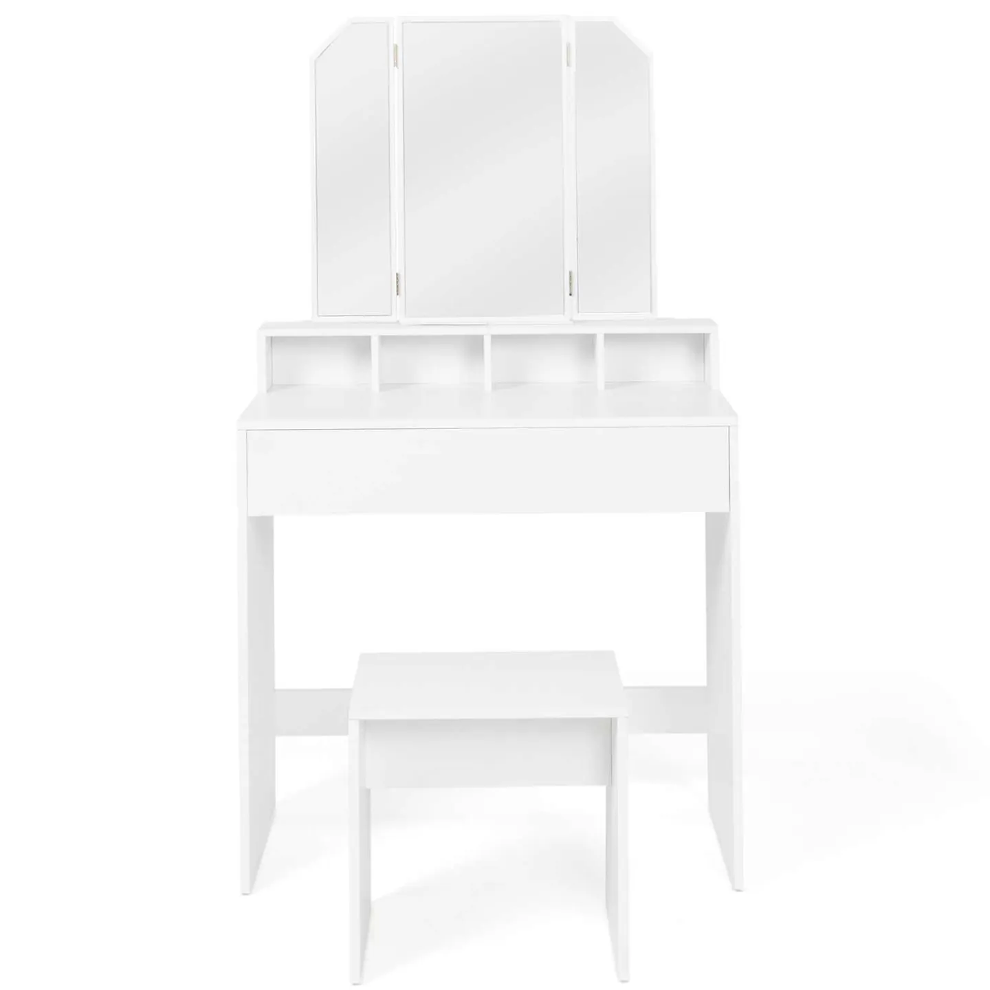 Coiffeuse ZELIA 3 miroirs avec 4 niches, 1 tiroir et tabouret