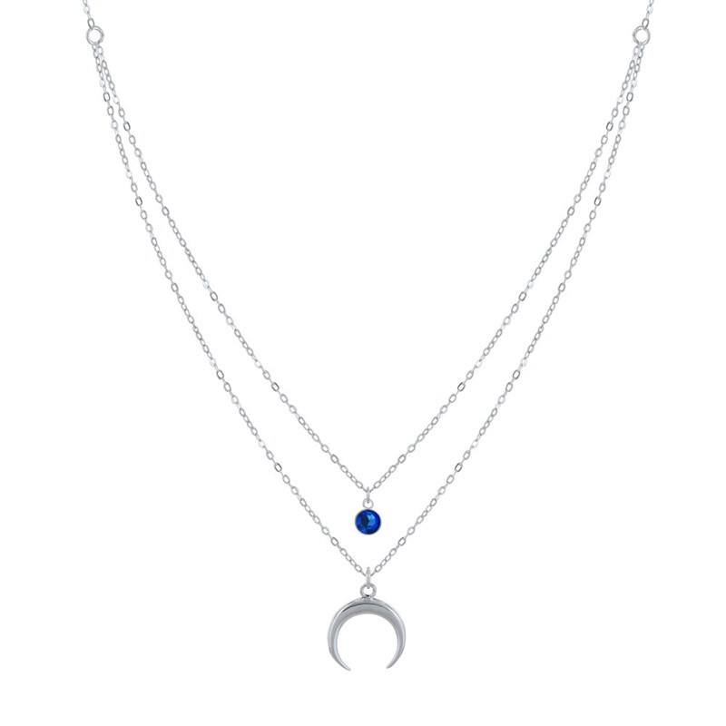 Collier Double Chaine Argent Croissant de Lune et Zirconia