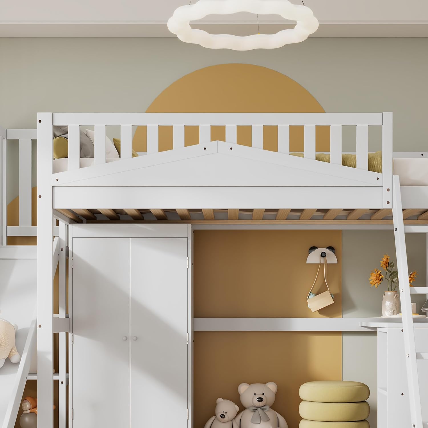 Etagenbett 90 x 200 cm, Kinderbett mit Rutsche, Multifunktionales Bett mit Tisch und Kleiderschrank, Reichlich Stauraum, mit Vierstufiger Leiter, Kiefer+MDF+Sperrholz, Ohne Matratze