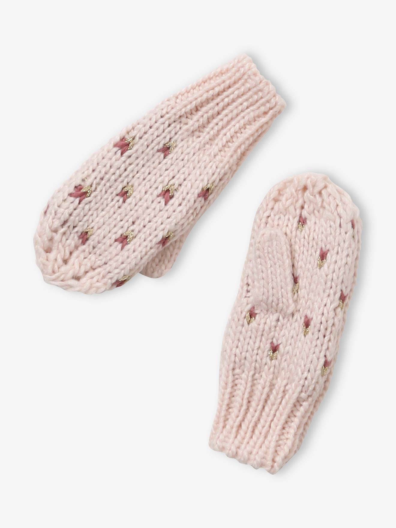 Conjunto de gorro, cachecol e luvas com estampa de corações em azul escuro, para meninas.