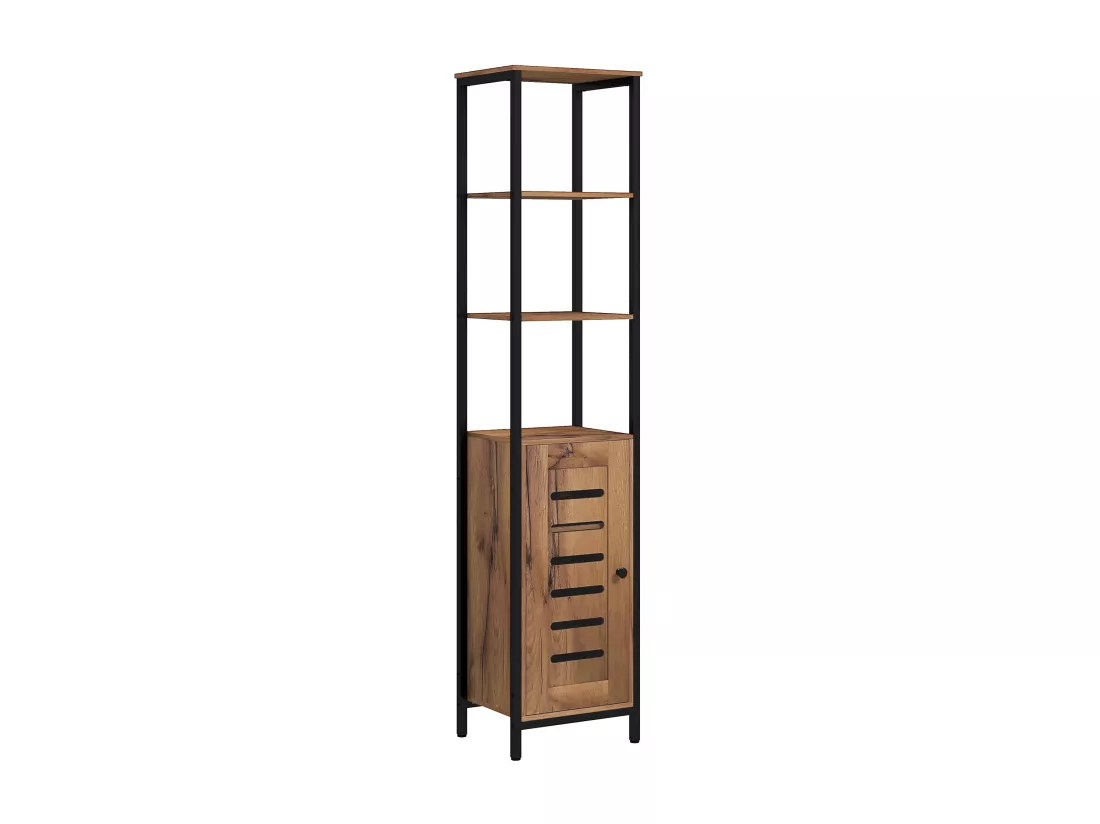 Meuble colonne rangement salle de bain style cosy dim. 37L x 30l x 167H cm 3 étagères porte ajourée acier noir aspect bois